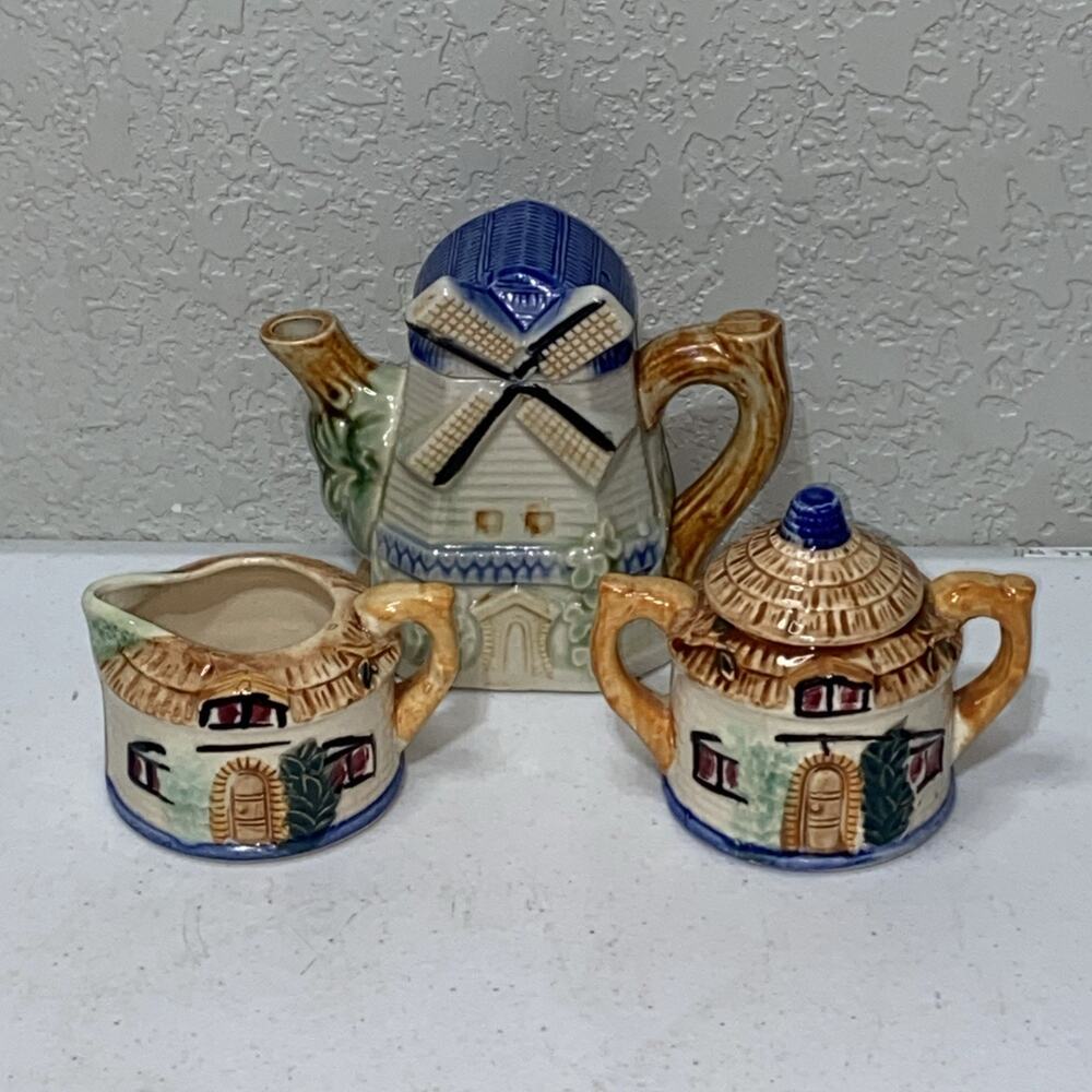 VTG Made In Occupied Japan Tea Set Teapot Sugar Creamer Cottage Windmill 3 Piece